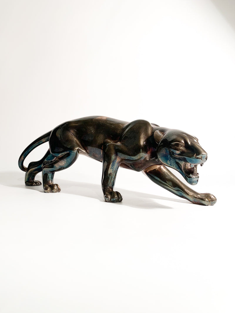 French Deco Sculpture of Feline with Silver Casting from the 1930s
