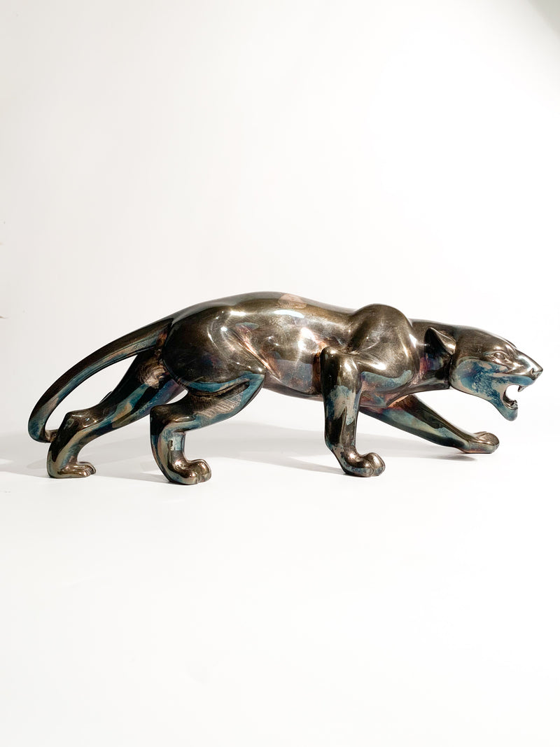 French Deco Sculpture of Feline with Silver Casting from the 1930s
