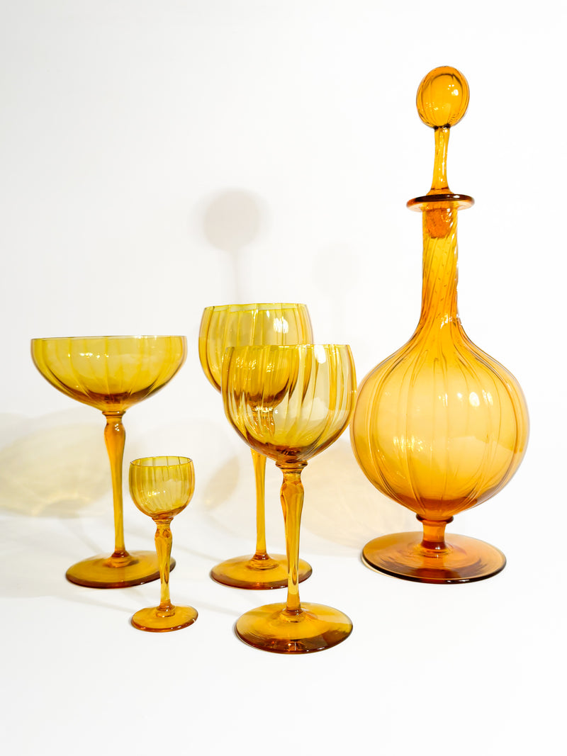 Set of Six Champagne Glasses, Wine, Water, Rosolio and Bottle in Murano Glass, 1940s