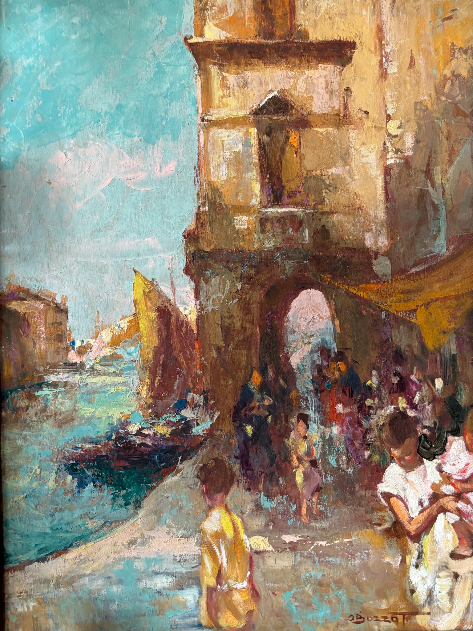 Oil on Panel Painting of an Urban Landscape by Attilio Achille Bozzato, 1920s