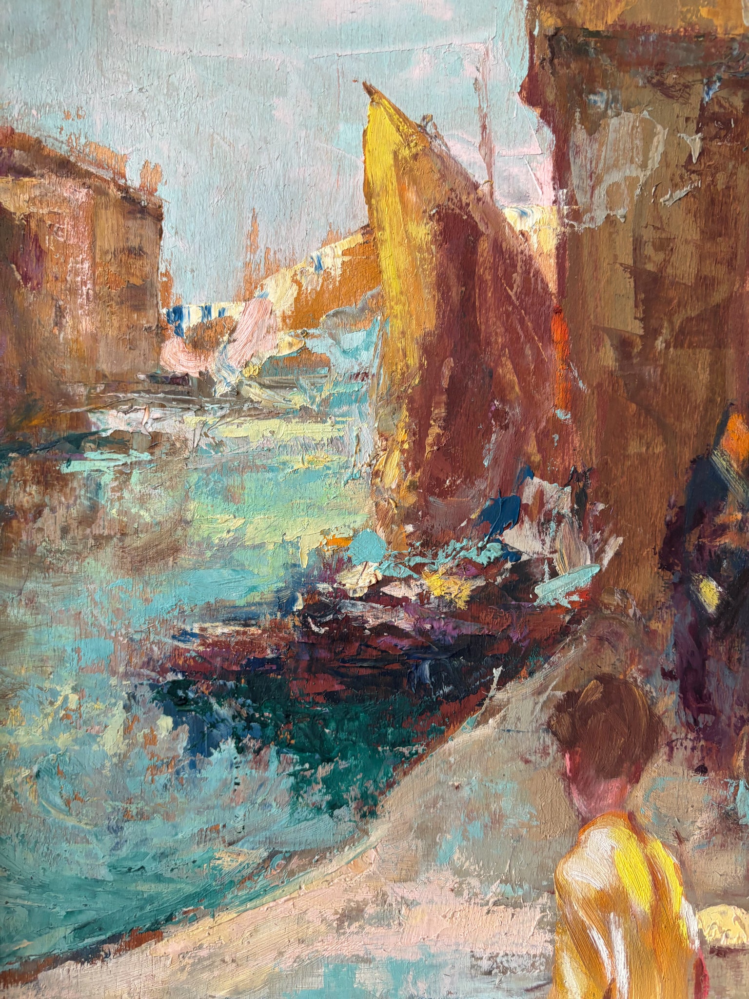 Oil on Panel Painting of an Urban Landscape by Attilio Achille Bozzato, 1920s