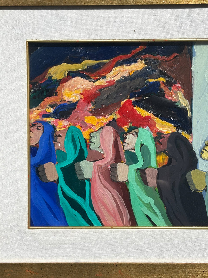 Dipinto Olio su Tavola 'La Processione' di Saverio Terruso Anni 70