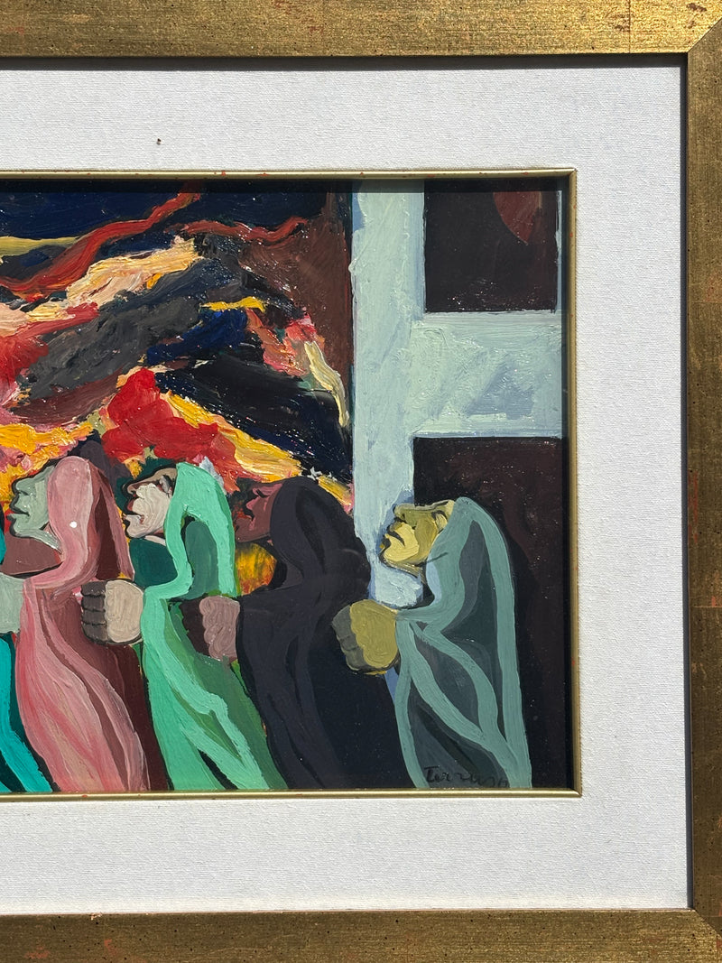 Dipinto Olio su Tavola 'La Processione' di Saverio Terruso Anni 70