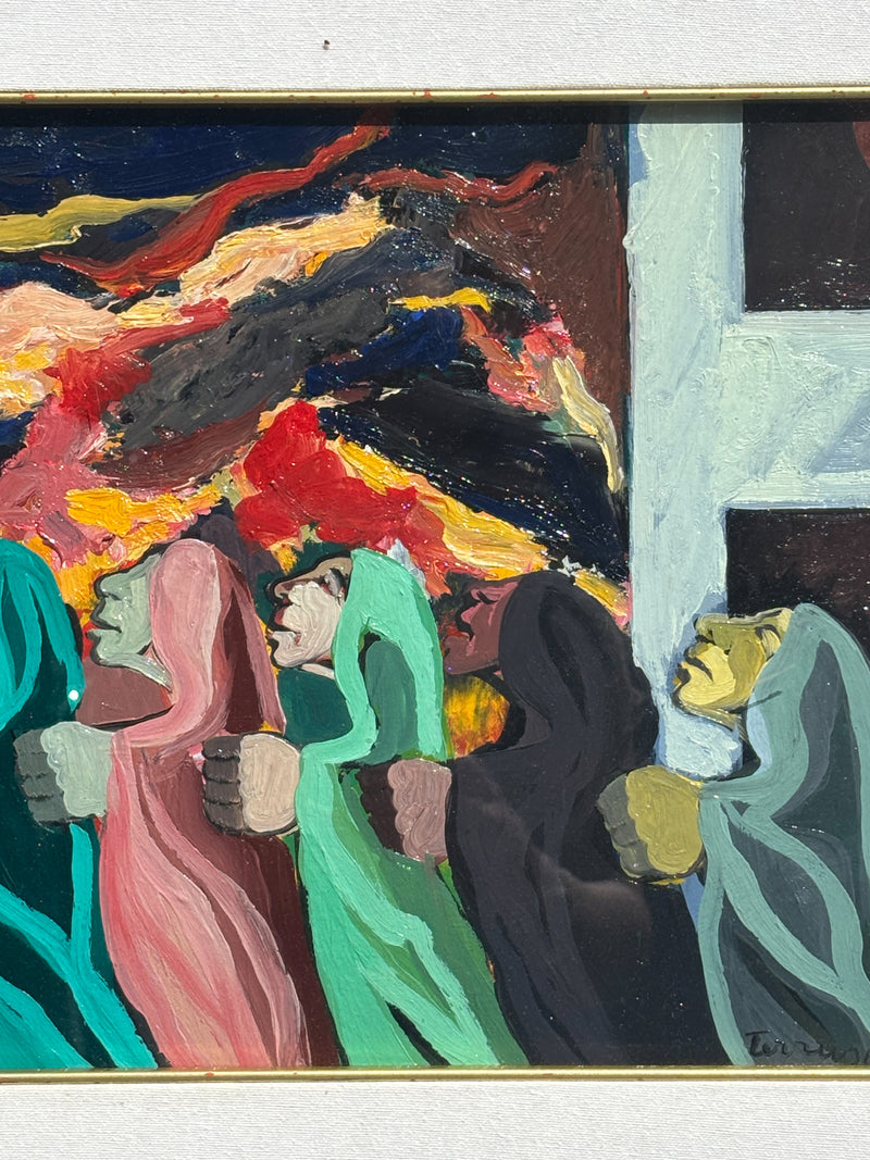 Dipinto Olio su Tavola 'La Processione' di Saverio Terruso Anni 70