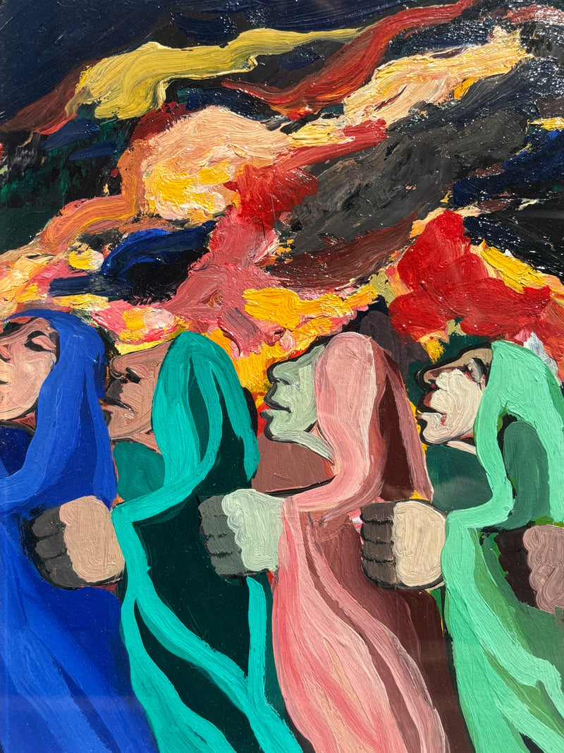 Dipinto Olio su Tavola 'La Processione' di Saverio Terruso Anni 70