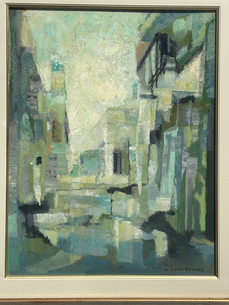 Dipinto Olio su Tavola di Paesaggio Urbano di Romano Conversano Anni 70