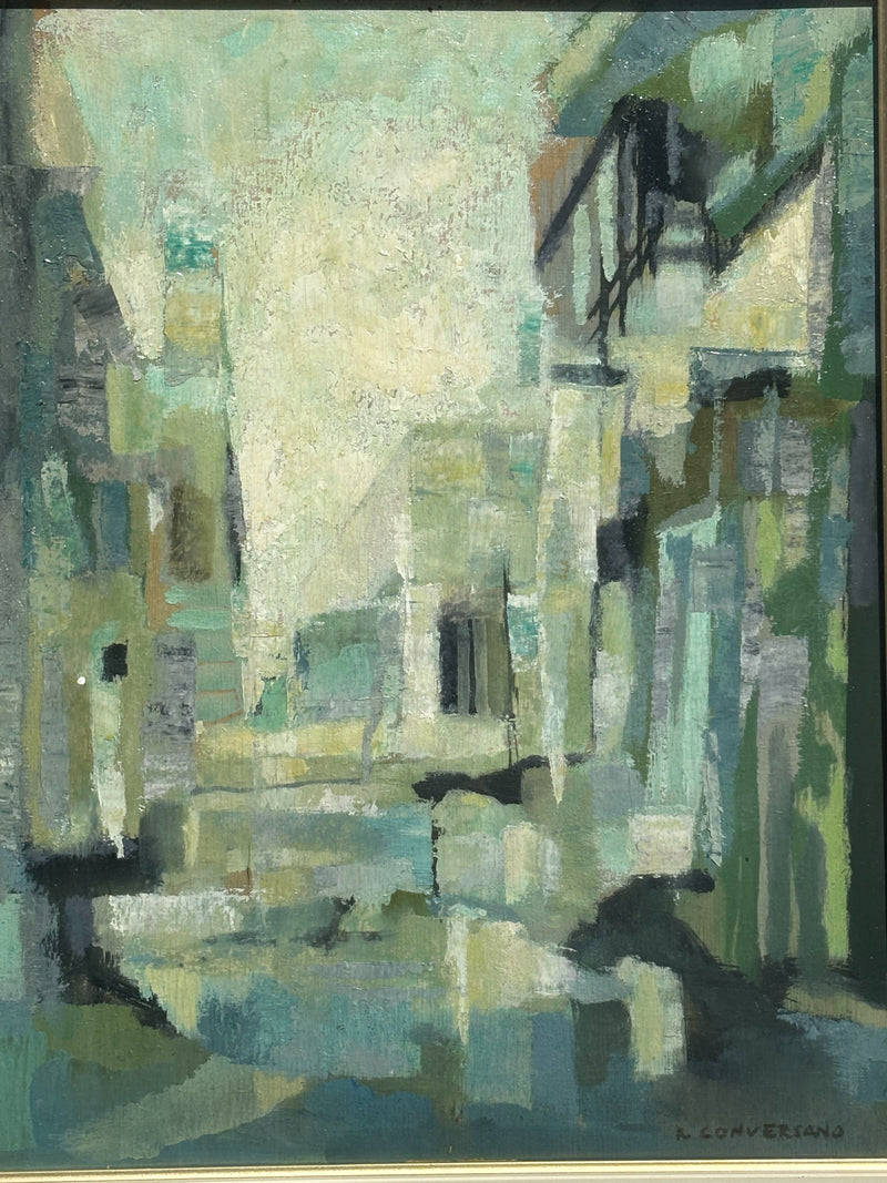 Dipinto Olio su Tavola di Paesaggio Urbano di Romano Conversano Anni 70