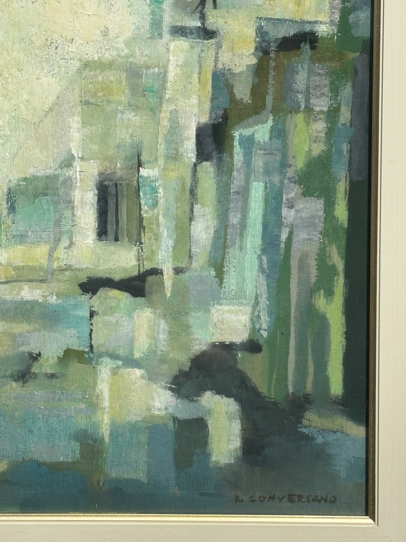 Dipinto Olio su Tavola di Paesaggio Urbano di Romano Conversano Anni 70