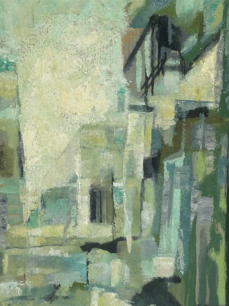 Dipinto Olio su Tavola di Paesaggio Urbano di Romano Conversano Anni 70