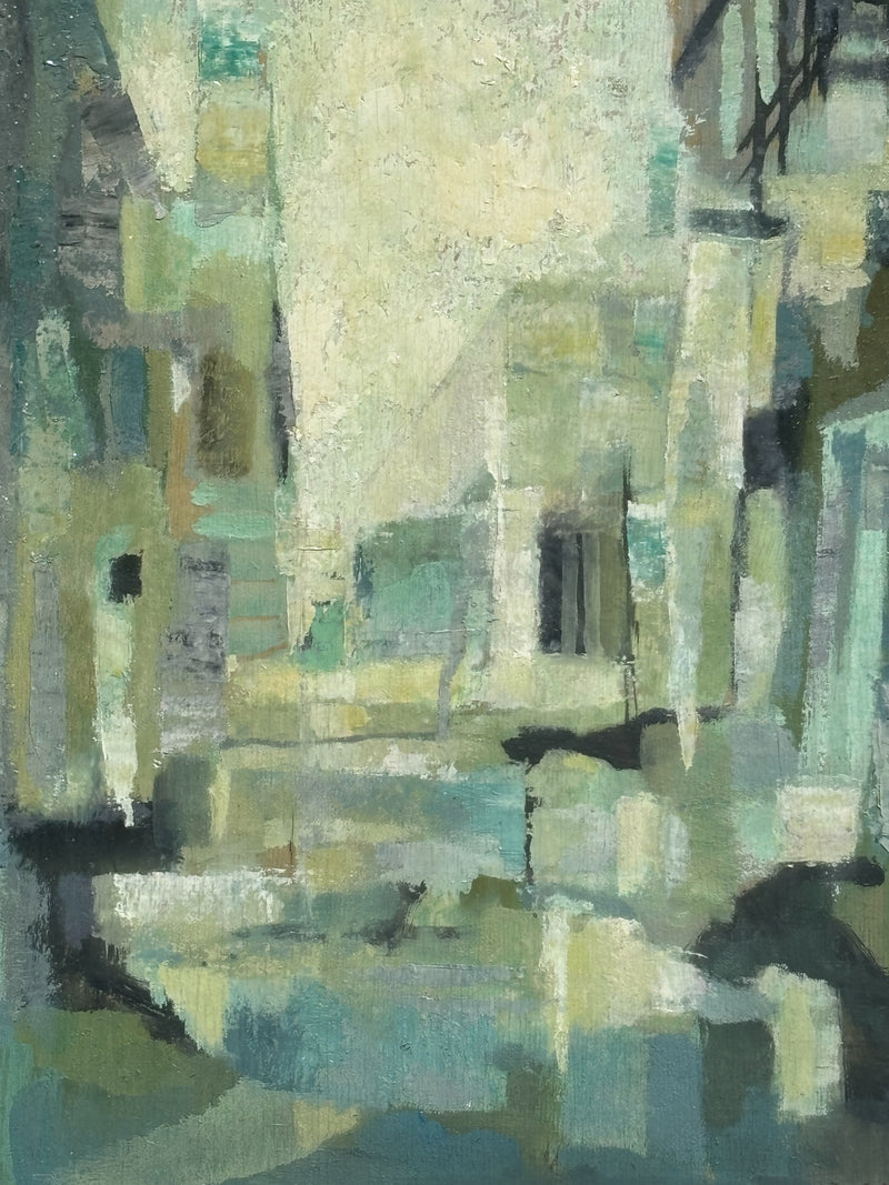 Dipinto Olio su Tavola di Paesaggio Urbano di Romano Conversano Anni 70