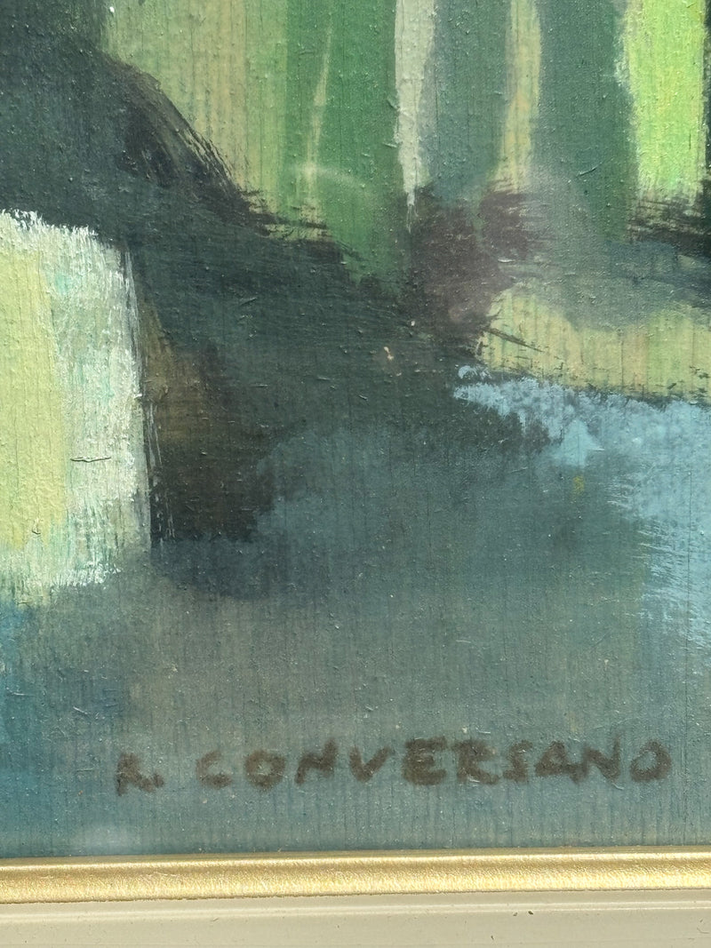 Dipinto Olio su Tavola di Paesaggio Urbano di Romano Conversano Anni 70