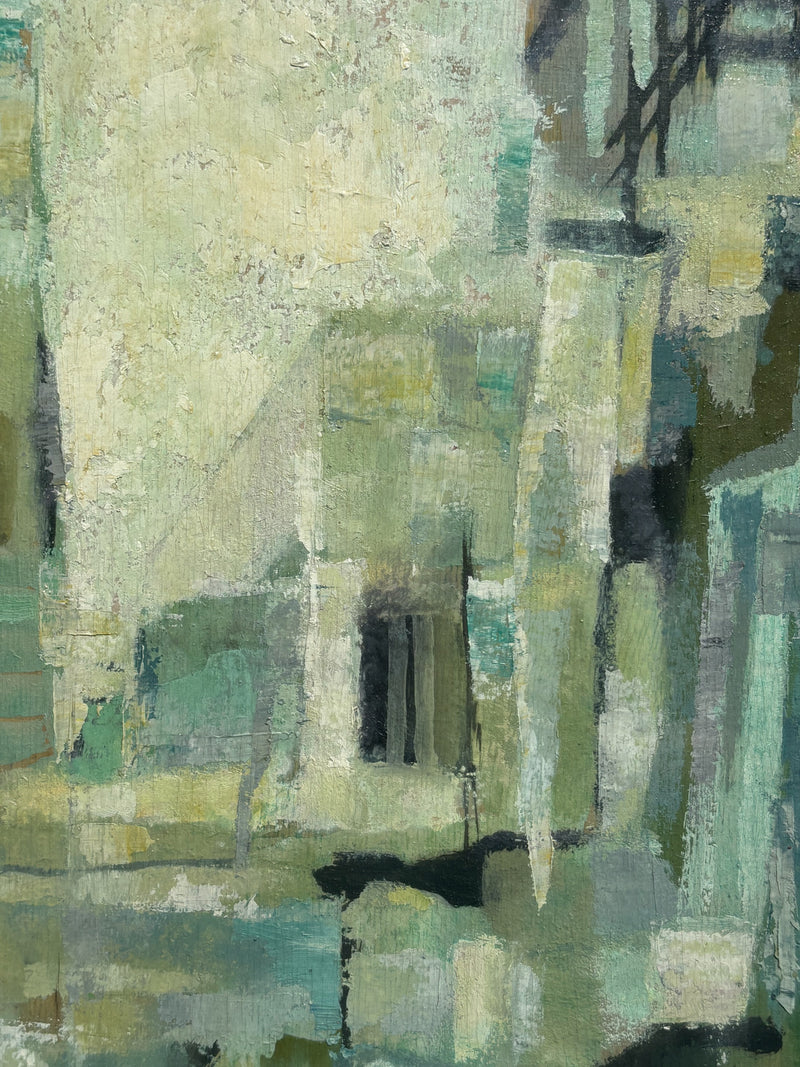Dipinto Olio su Tavola di Paesaggio Urbano di Romano Conversano Anni 70