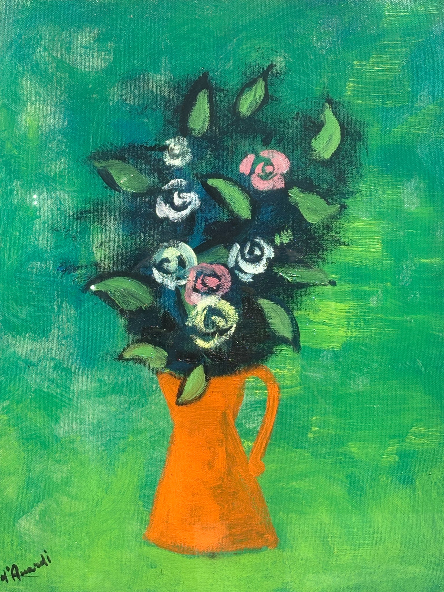 Oil Painting on Canvas of Vase of Flowers in Green by Gian Rodolfo D'Accardi 1970s