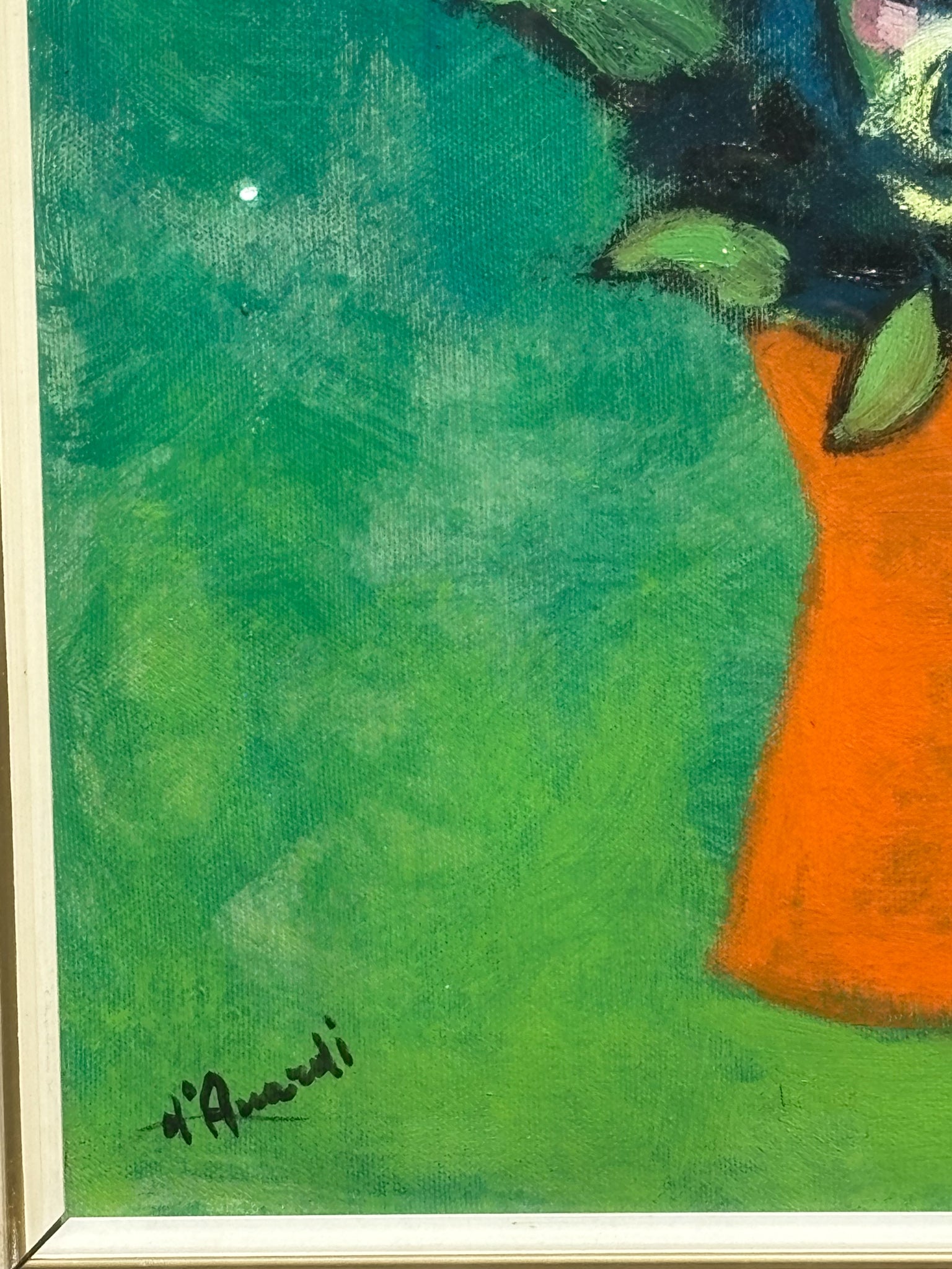 Oil Painting on Canvas of Vase of Flowers in Green by Gian Rodolfo D'Accardi 1970s