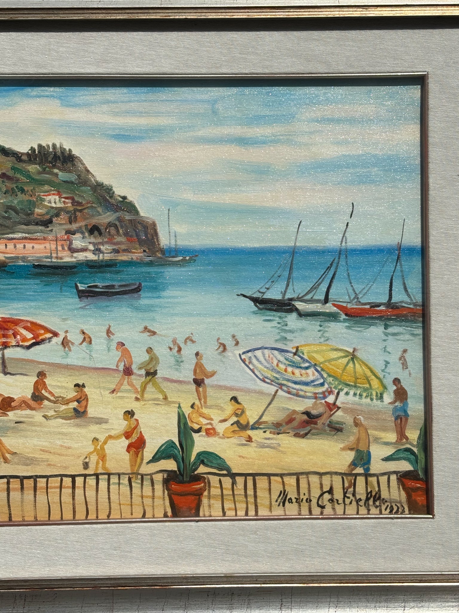 Oil Painting on Canvas 'At the Beach' by Mario Cortiello 60s
