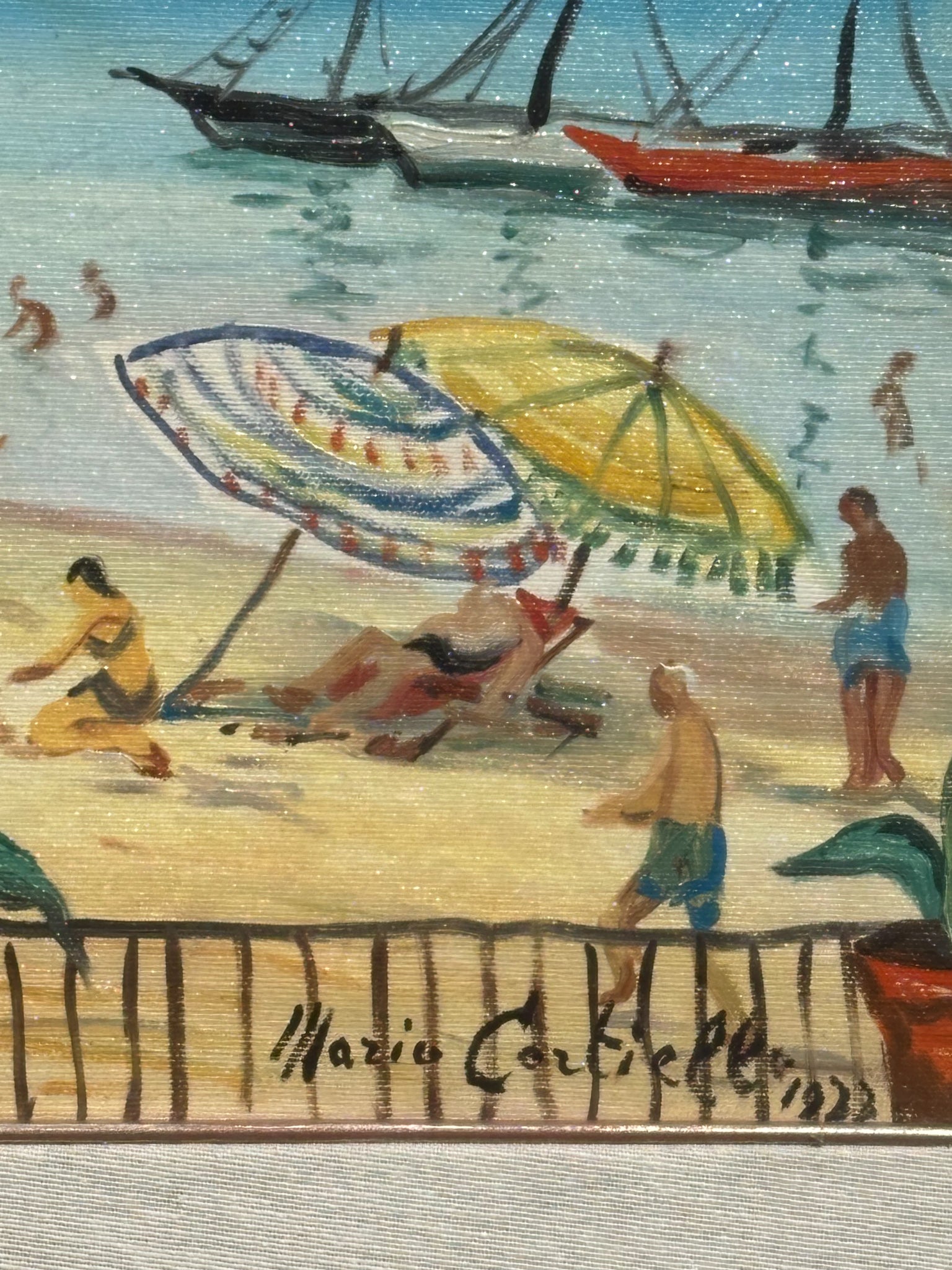 Oil Painting on Canvas 'At the Beach' by Mario Cortiello 60s