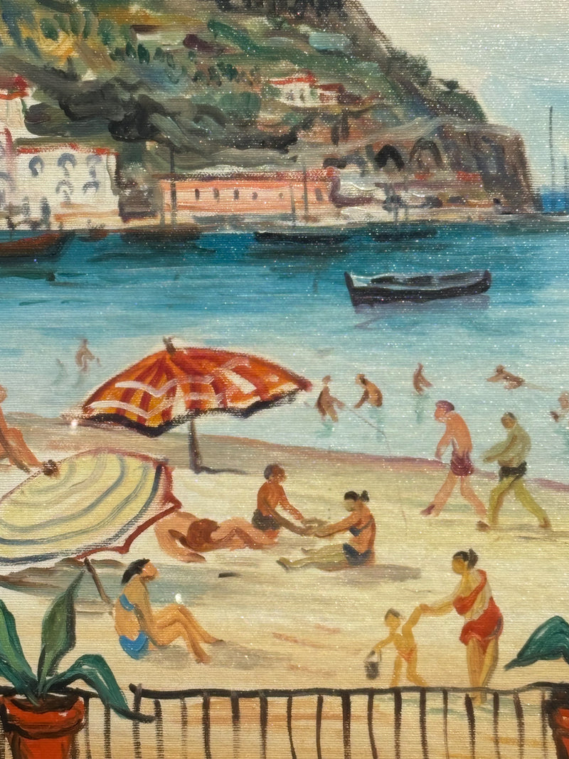 Dipinto Olio su Tela 'Alla Spiaggia' di Mario Cortiello Anni 60