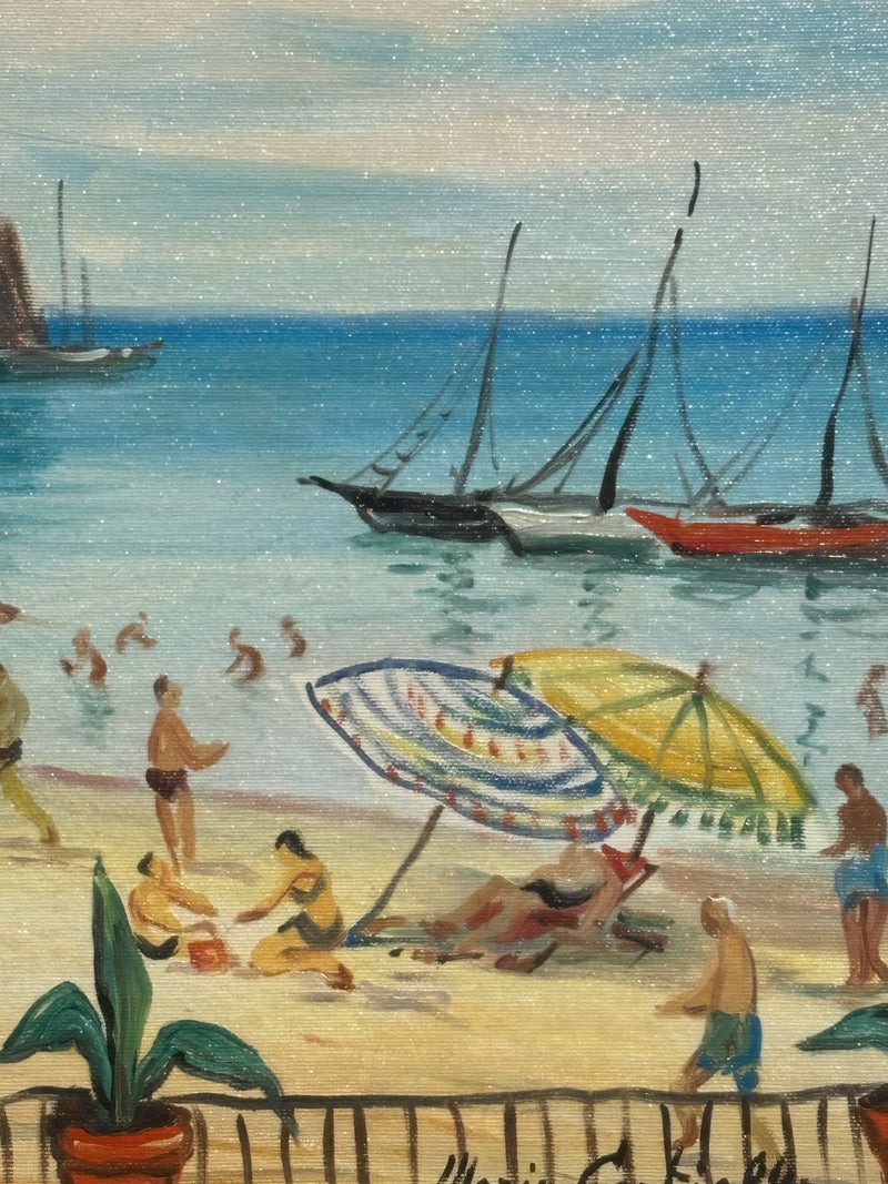 Dipinto Olio su Tela 'Alla Spiaggia' di Mario Cortiello Anni 60