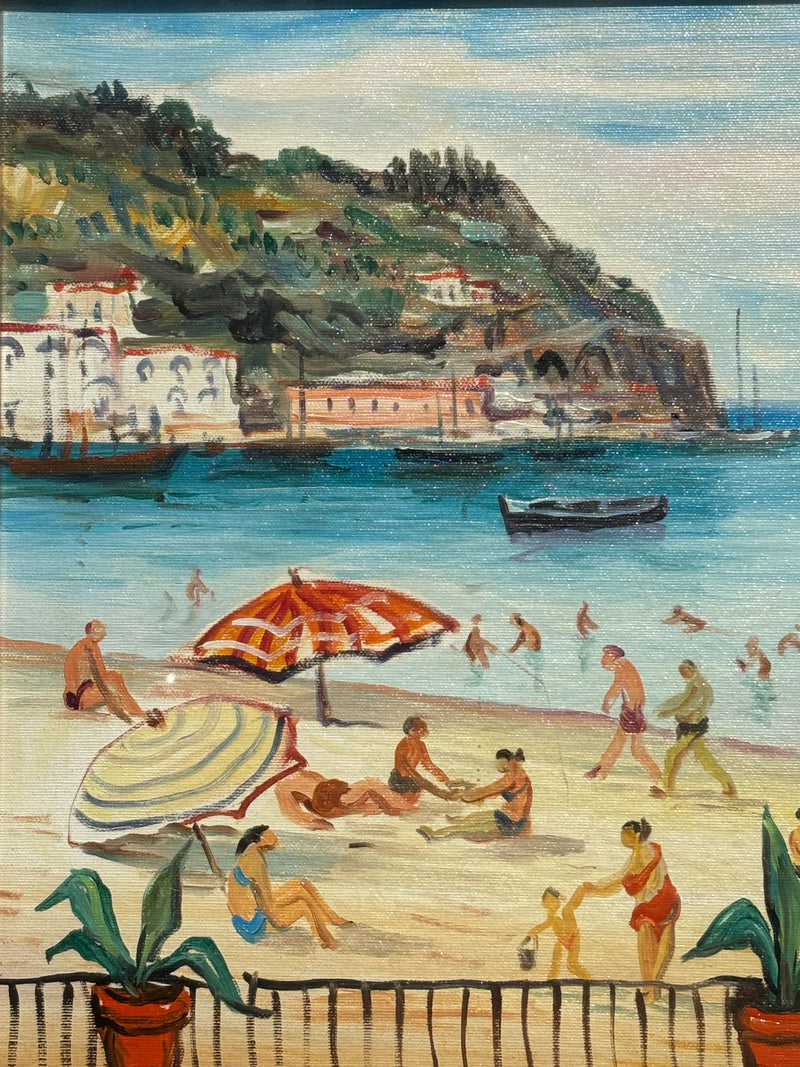 Dipinto Olio su Tela 'Alla Spiaggia' di Mario Cortiello Anni 60