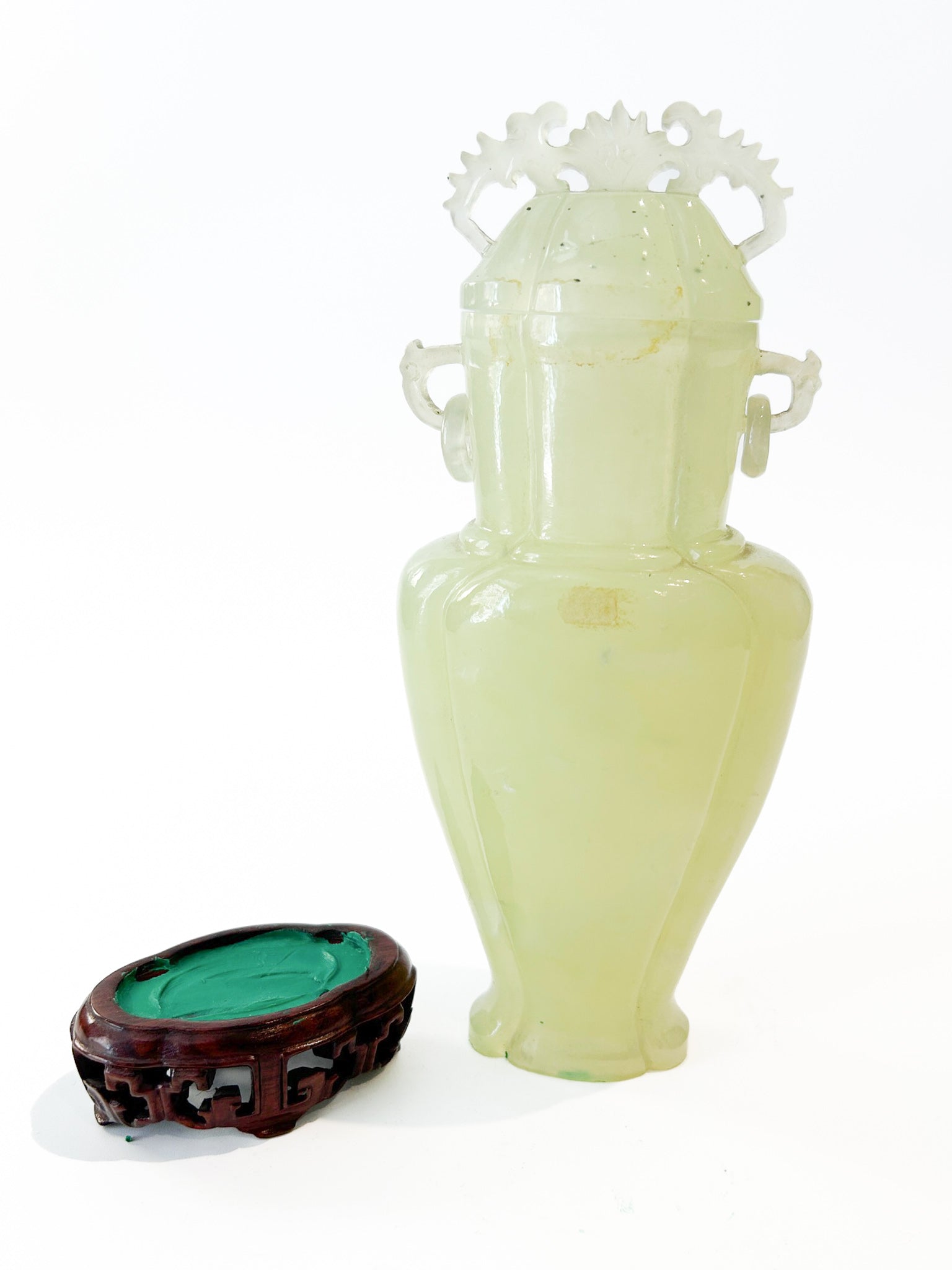 Chinese Jade Vase with Lid and Base from the 1950s