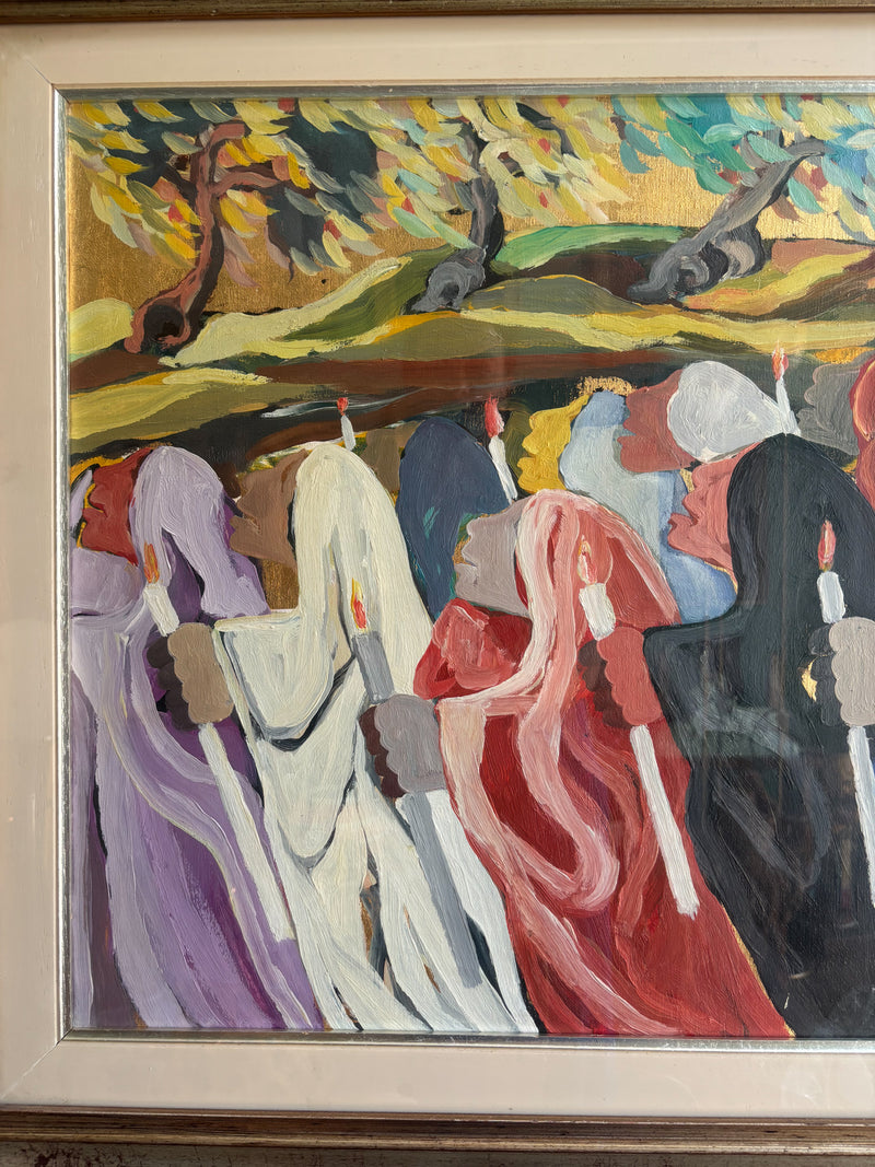 Dipinto Olio su Tela 'La Processione' di Saverio Terruso Anni 70