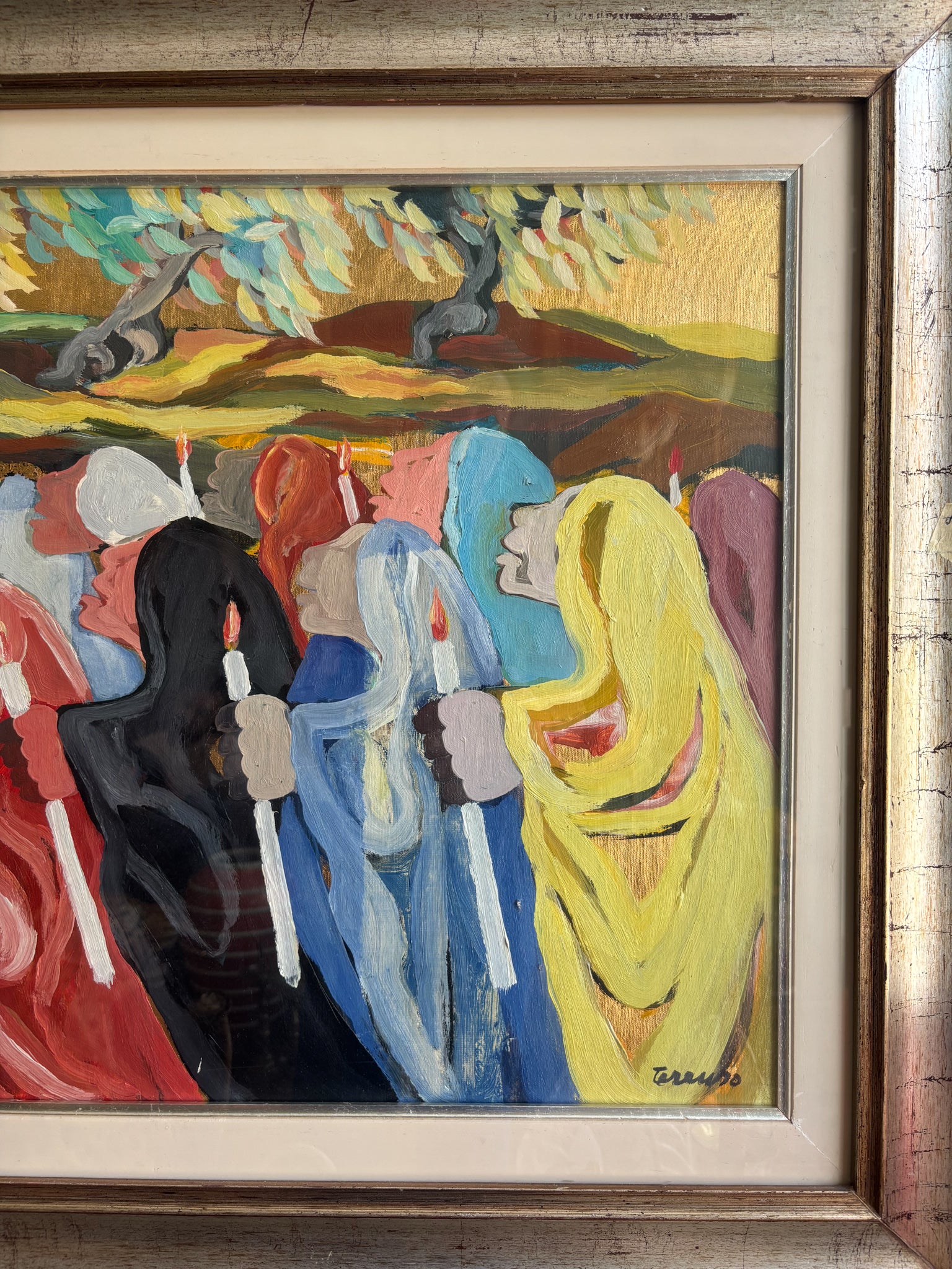 Dipinto Olio su Tela 'La Processione' di Saverio Terruso Anni 70