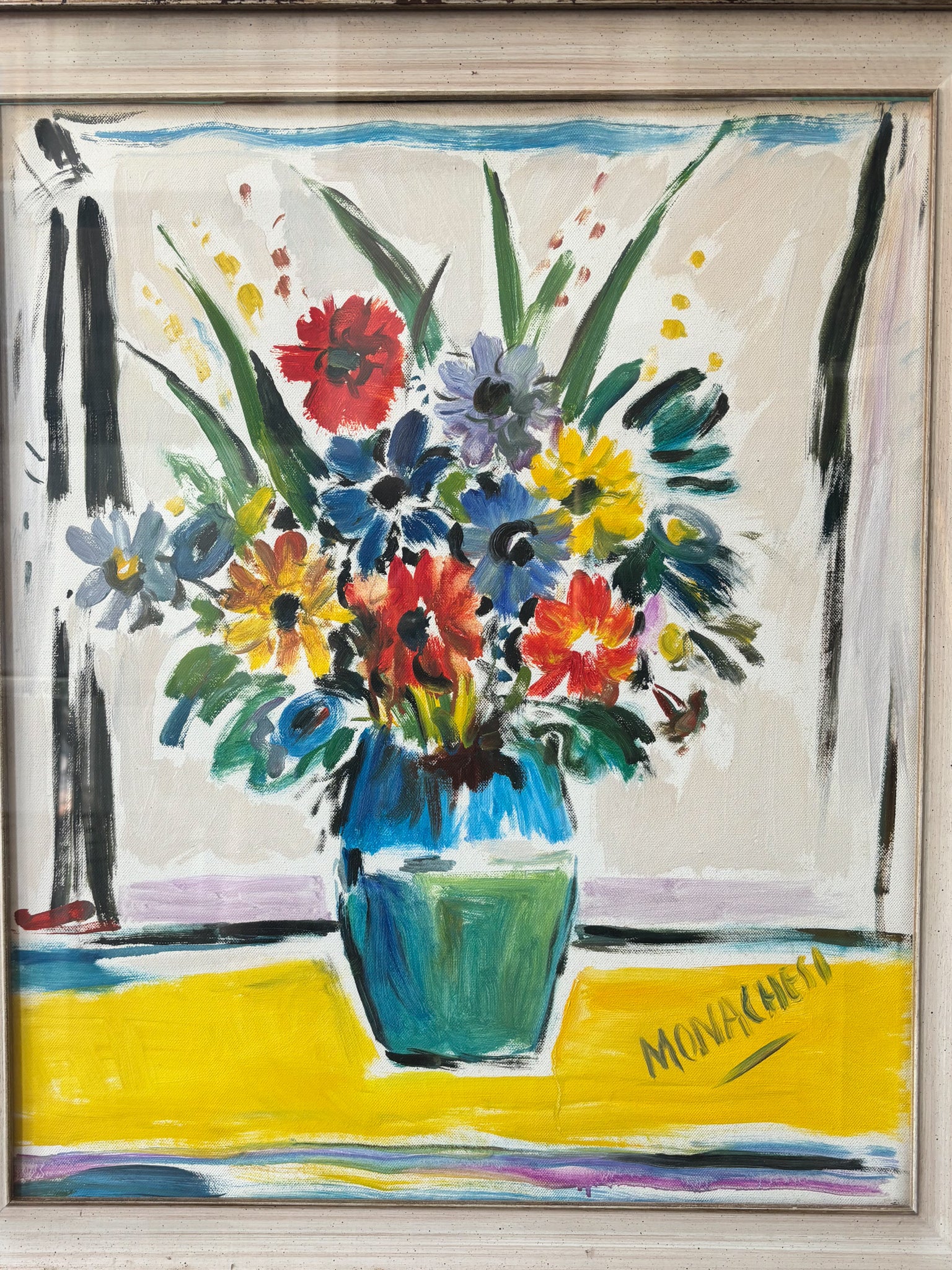 Oil Painting on Canvas of a Vase with Flowers by Sante Monachesi, 1970s