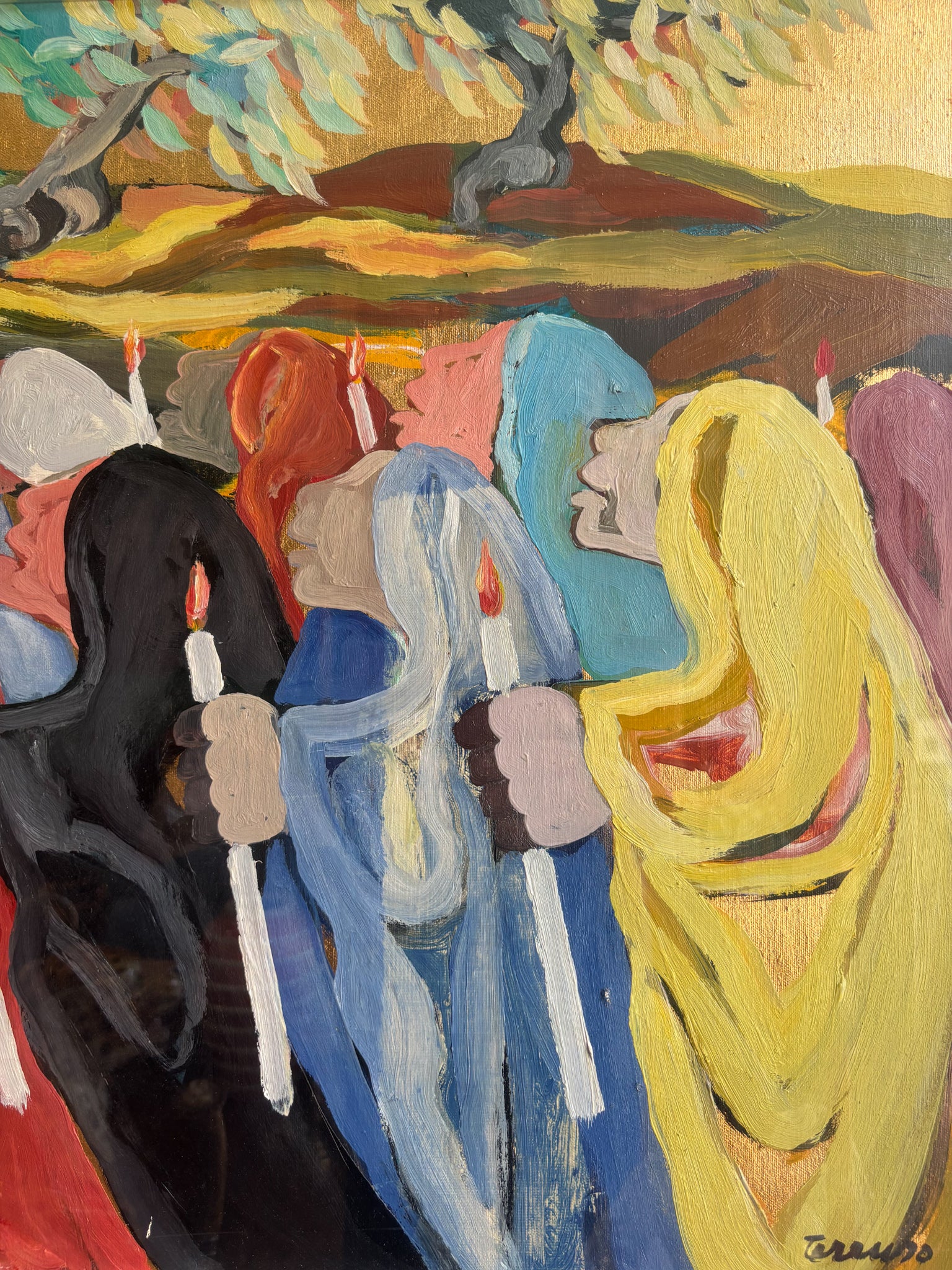 Dipinto Olio su Tela 'La Processione' di Saverio Terruso Anni 70