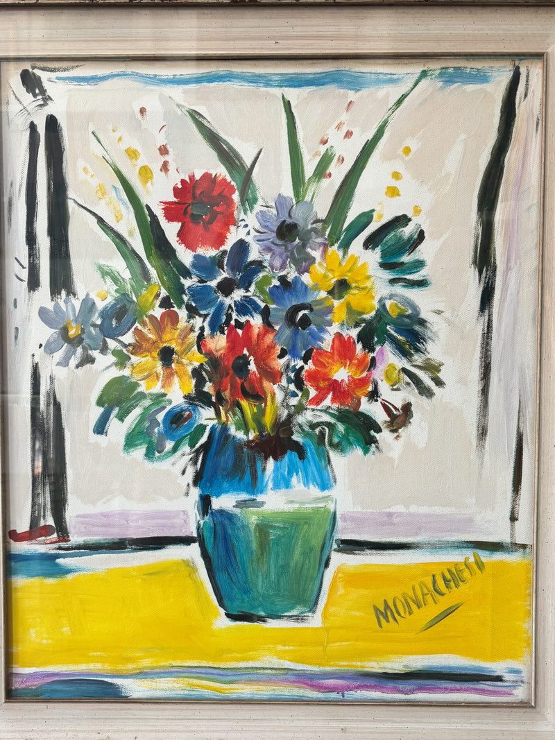 Oil Painting on Canvas of a Vase with Flowers by Sante Monachesi, 1970s