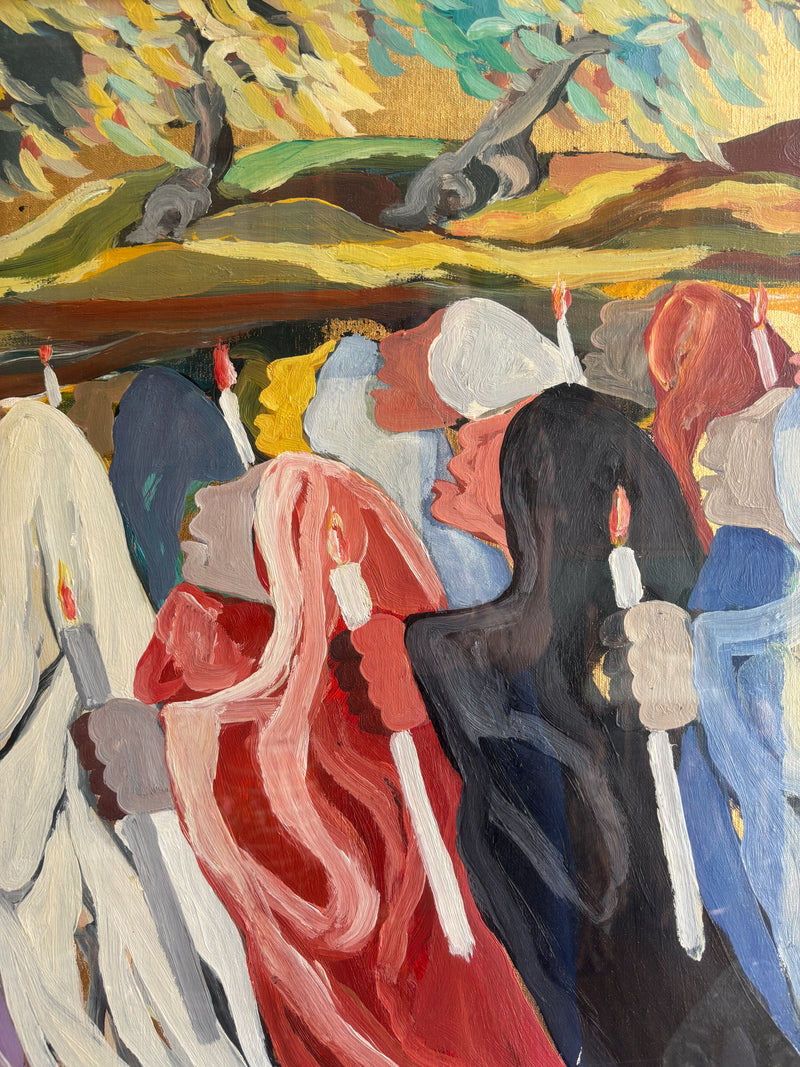 Dipinto Olio su Tela 'La Processione' di Saverio Terruso Anni 70
