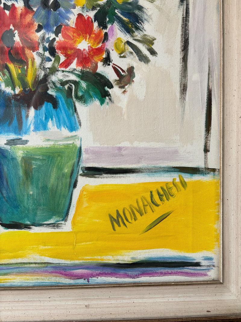 Oil Painting on Canvas of a Vase with Flowers by Sante Monachesi, 1970s