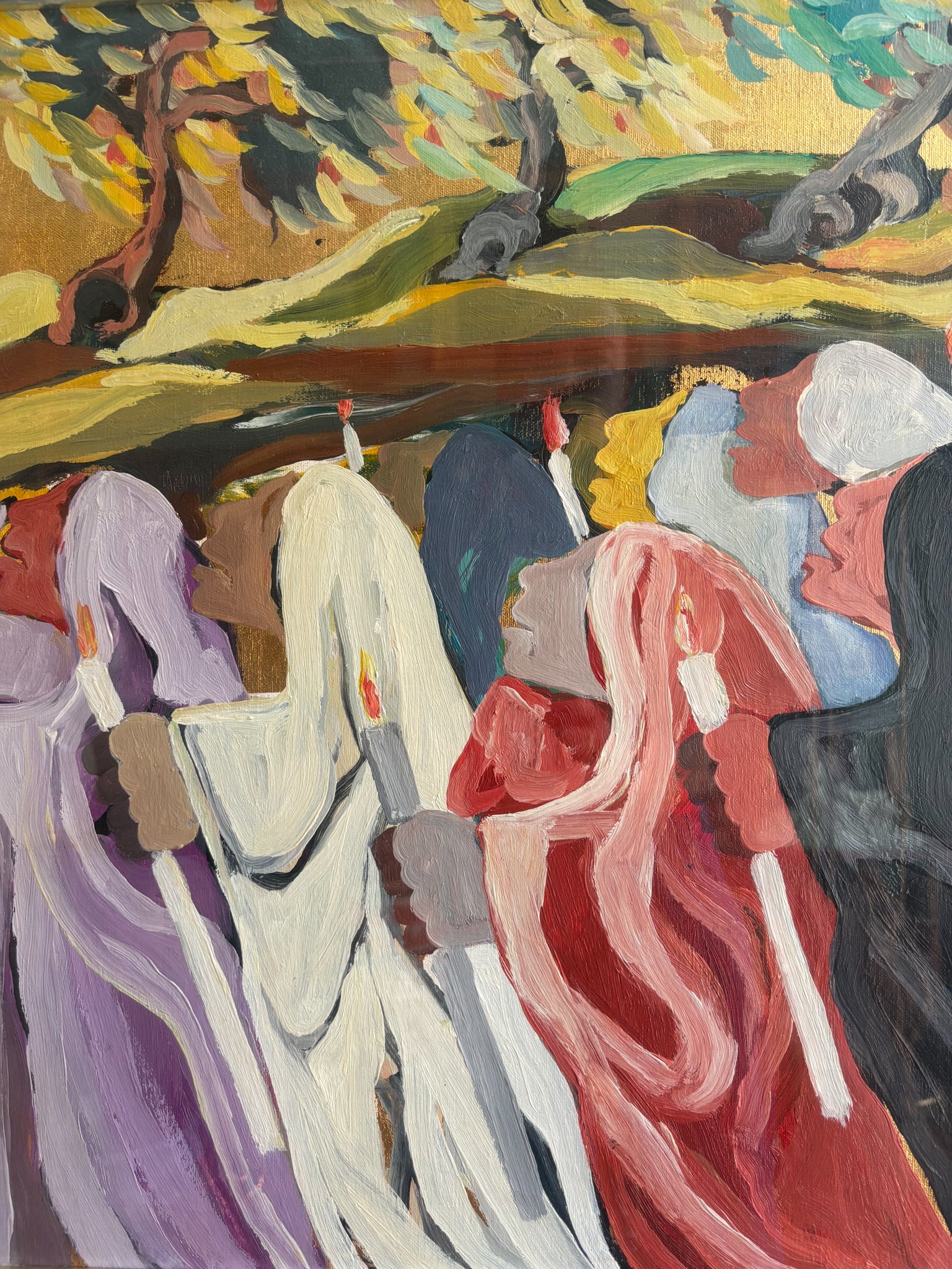 Dipinto Olio su Tela 'La Processione' di Saverio Terruso Anni 70