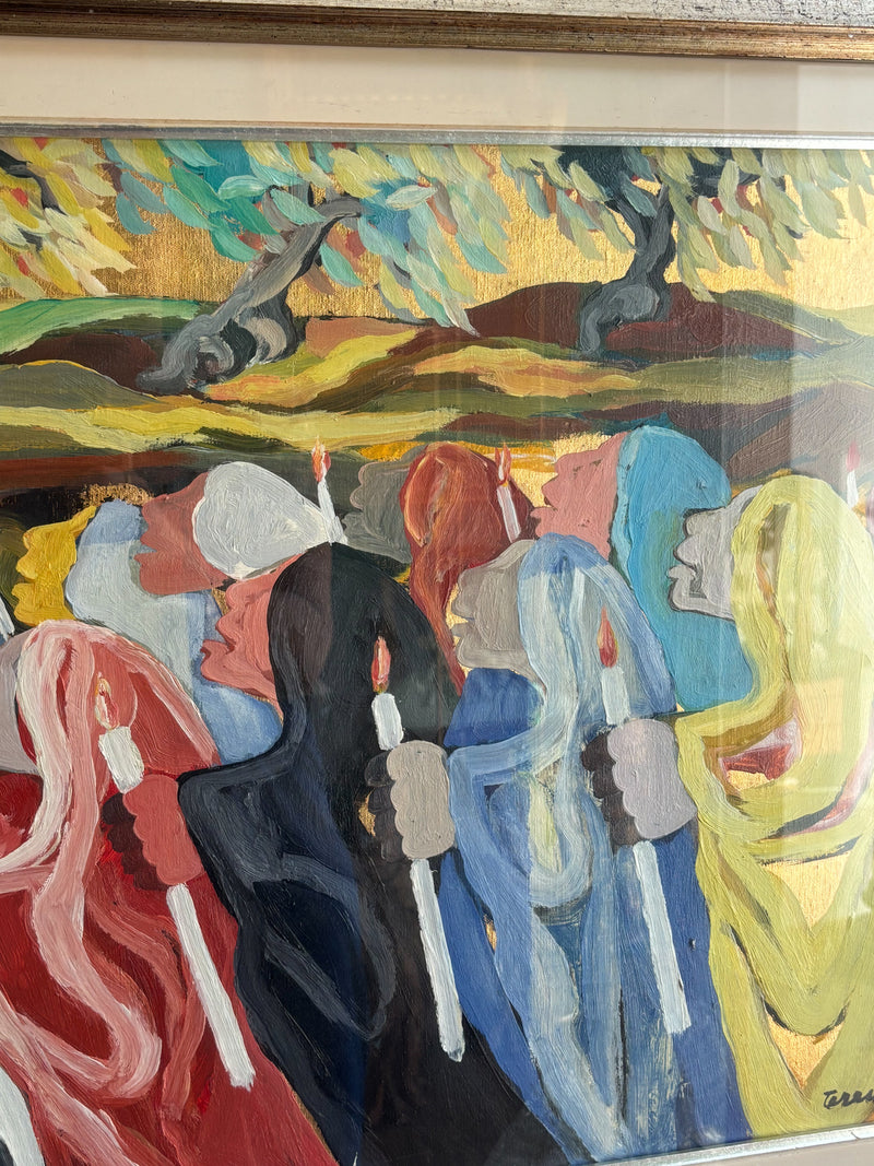 Dipinto Olio su Tela 'La Processione' di Saverio Terruso Anni 70