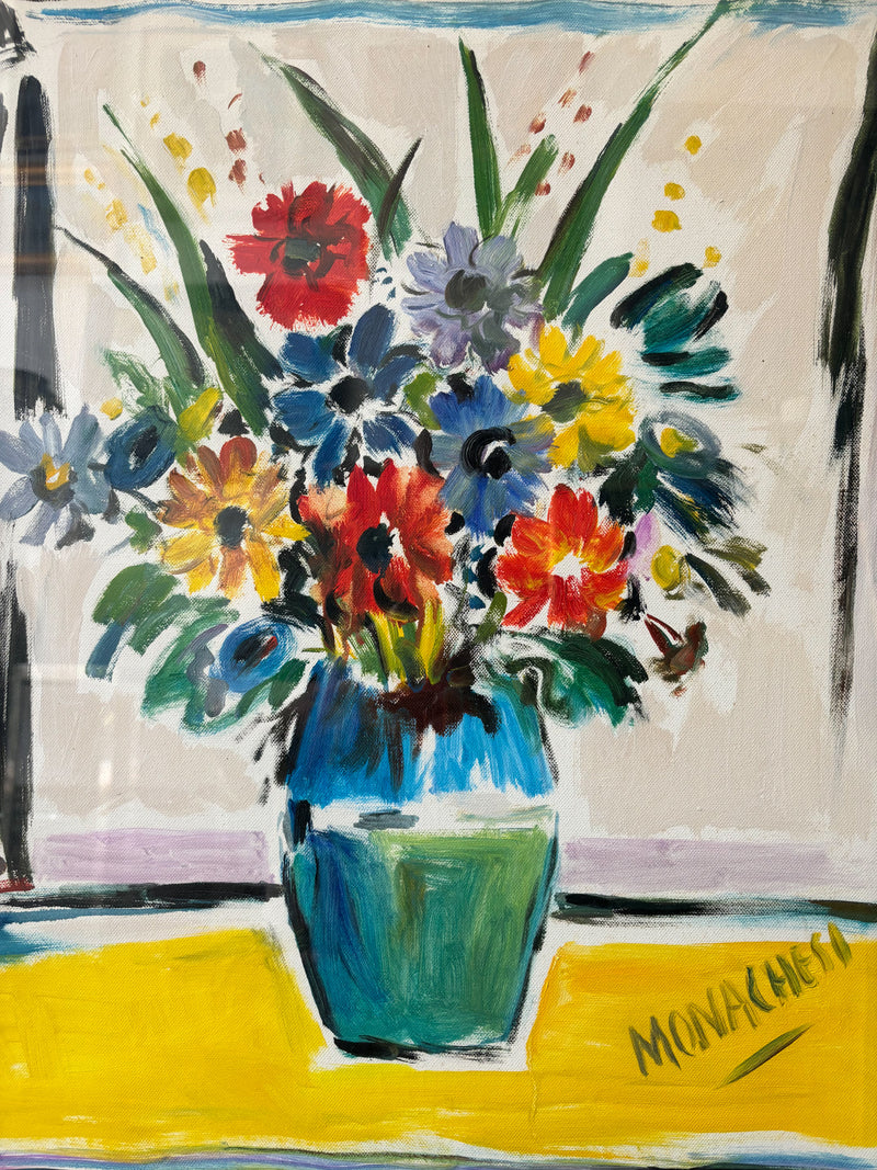 Oil Painting on Canvas of a Vase with Flowers by Sante Monachesi, 1970s