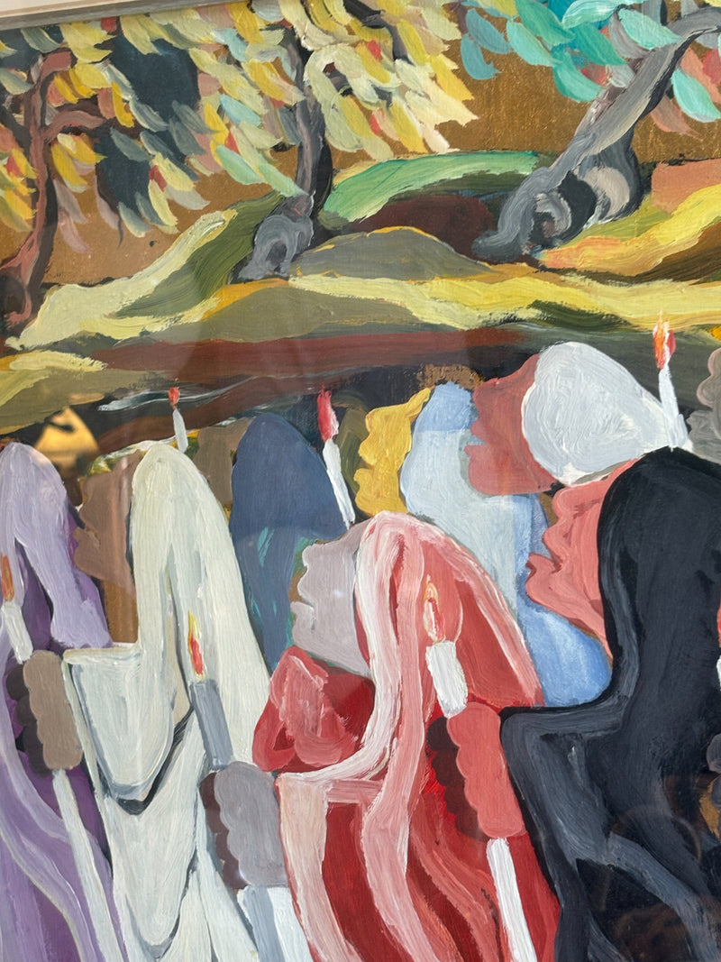 Dipinto Olio su Tela 'La Processione' di Saverio Terruso Anni 70