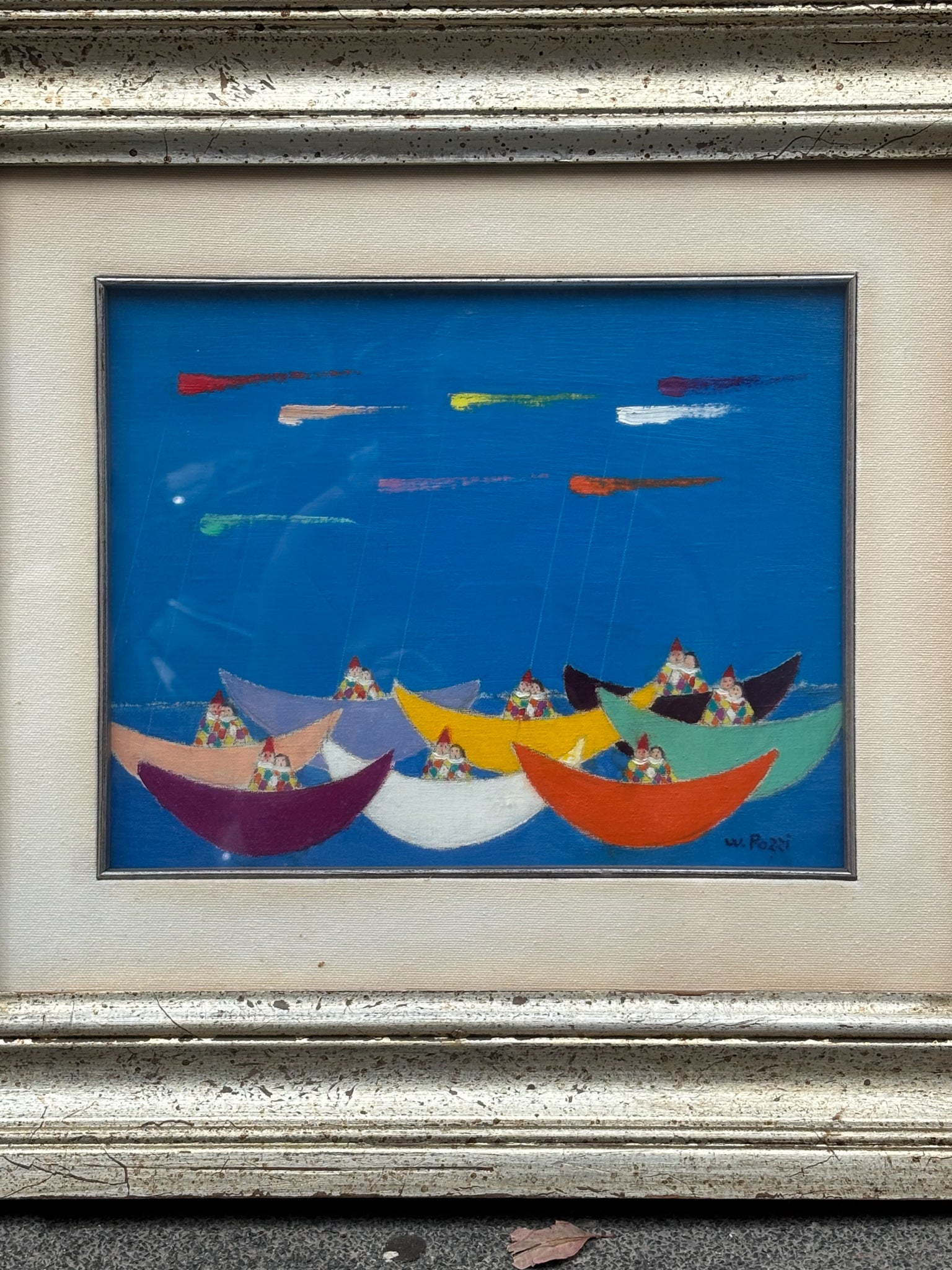 Oil Painting on Canvas by Walter Pozzi 'Regatta of Lovers' 70s