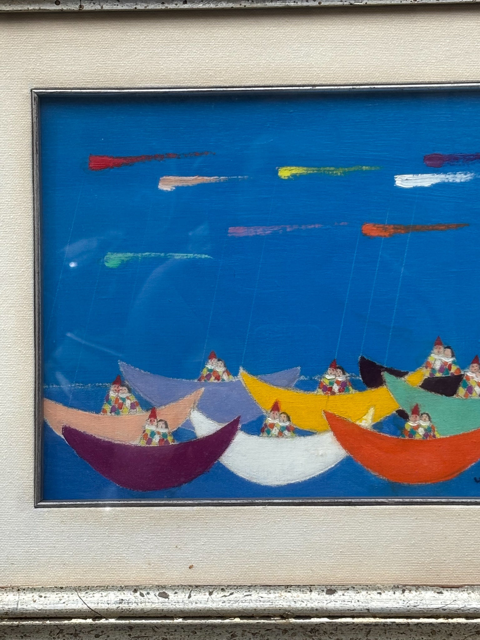 Oil Painting on Canvas by Walter Pozzi 'Regatta of Lovers' 70s