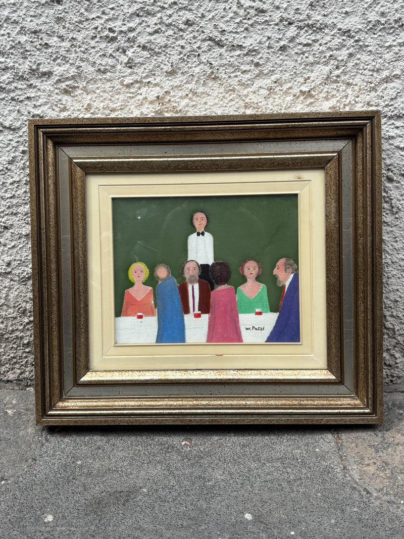 Dipinto Olio su Tela 'Osteria' di Walter Pozzi Anni 70