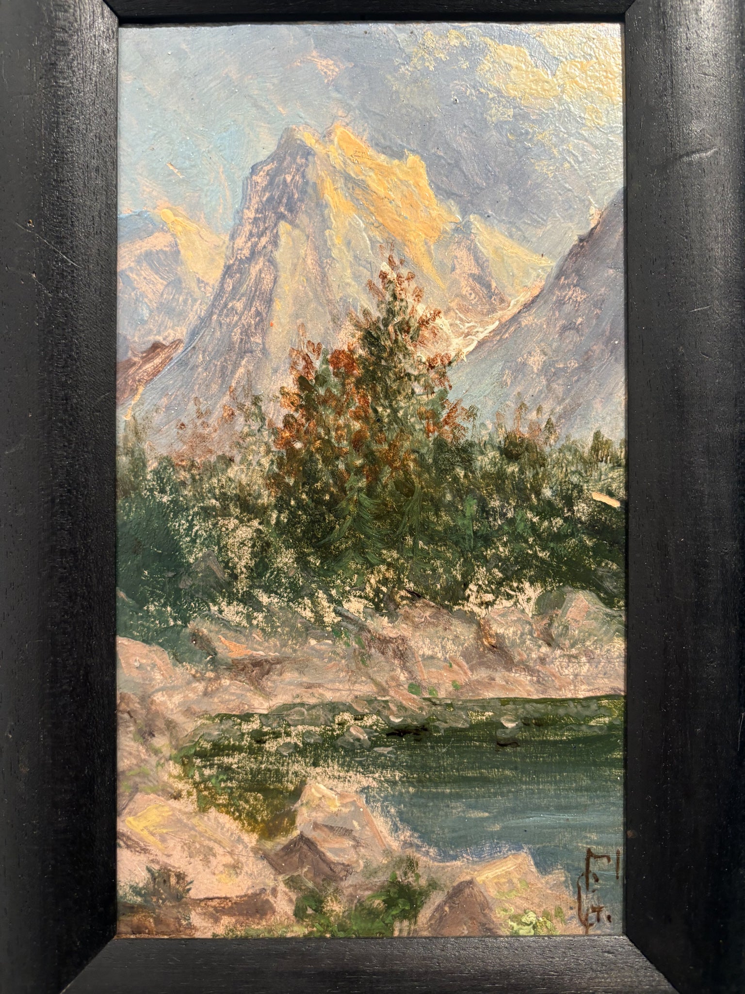 Dipinto Olio su Tavola di Paesaggio di Montagna Anni 40