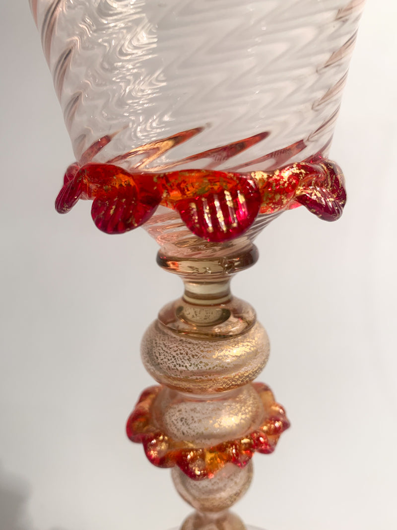 Bicchiere da Collezione in Vetro di Murano Rosa e Rosso Foglia d'Oro Anni 50