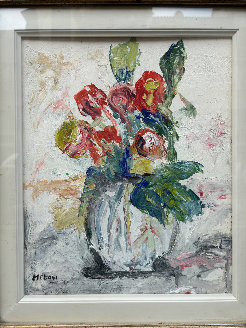 Oil Painting on Canvas of Still Life of Flowers by Gino Meloni, 1970s