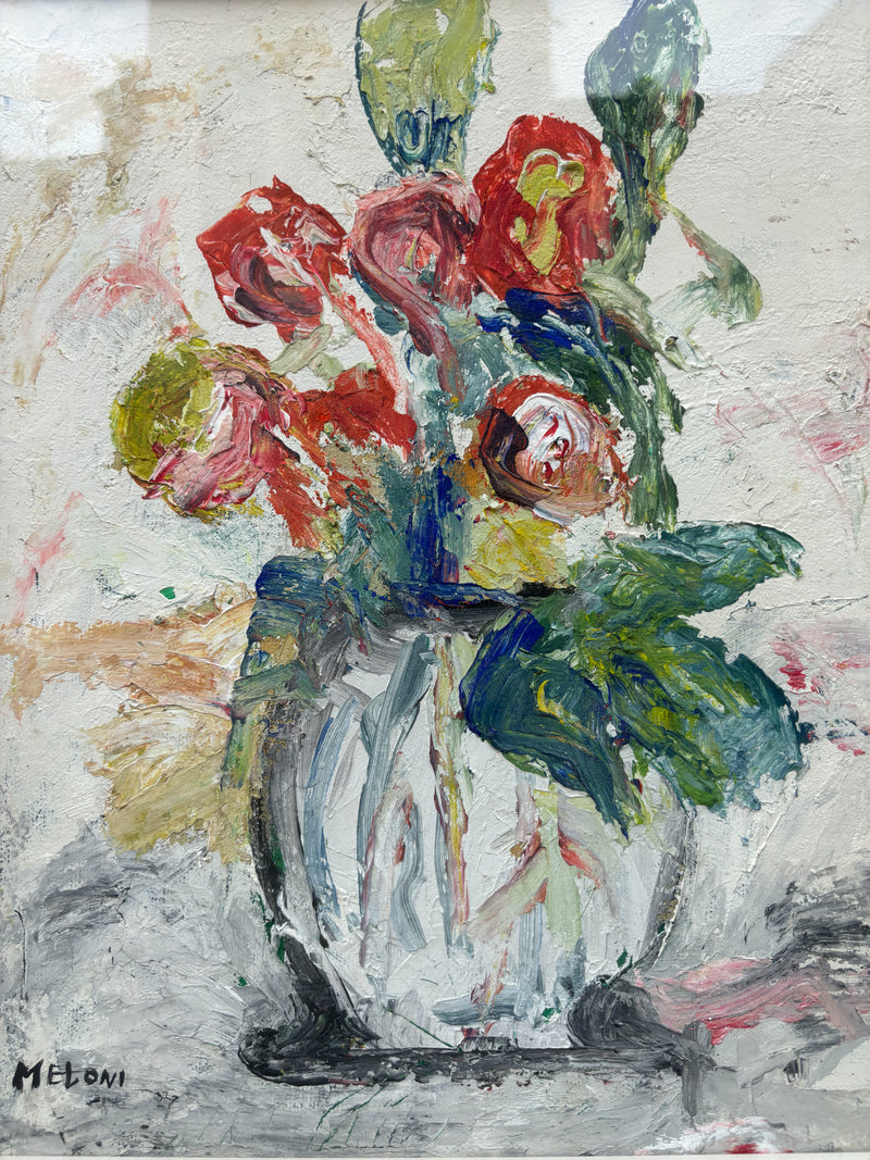 Oil Painting on Canvas of Still Life of Flowers by Gino Meloni, 1970s