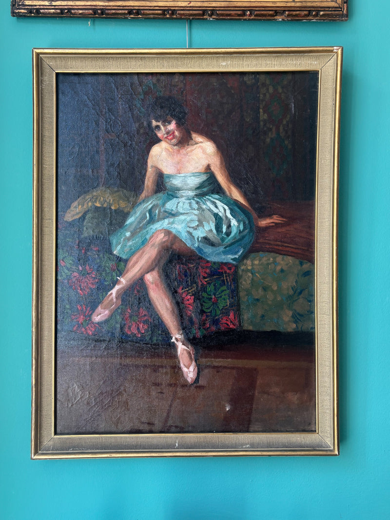 Dipinto Olio su Tela di Ritratto di Ballerina Scuola Napoletana Anni 40