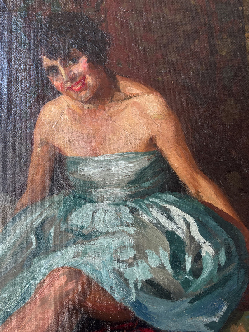 Dipinto Olio su Tela di Ritratto di Ballerina Scuola Napoletana Anni 40