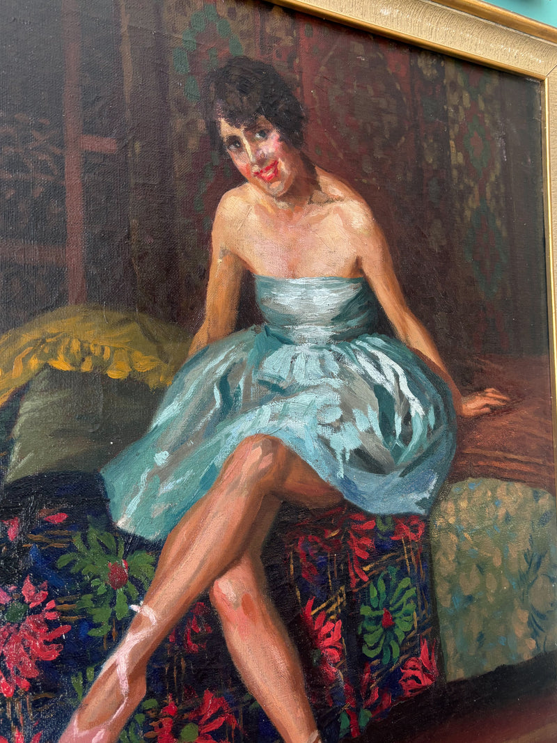 Dipinto Olio su Tela di Ritratto di Ballerina Scuola Napoletana Anni 40
