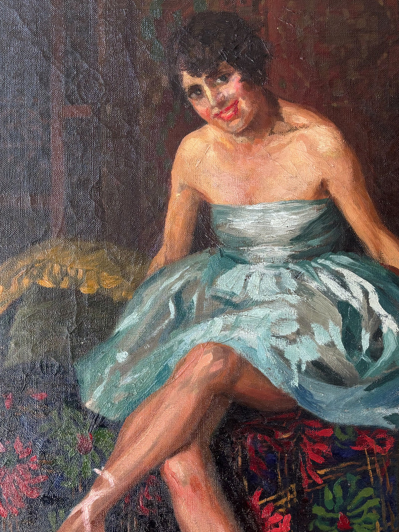 Dipinto Olio su Tela di Ritratto di Ballerina Scuola Napoletana Anni 40