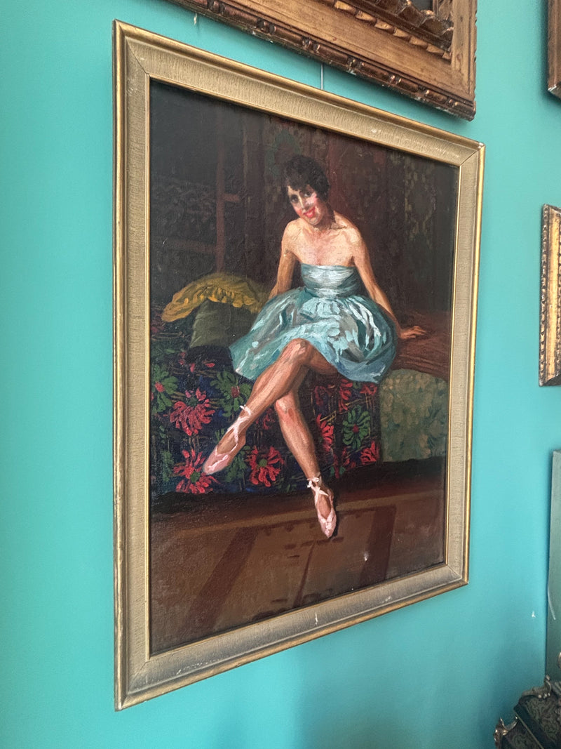 Dipinto Olio su Tela di Ritratto di Ballerina Scuola Napoletana Anni 40