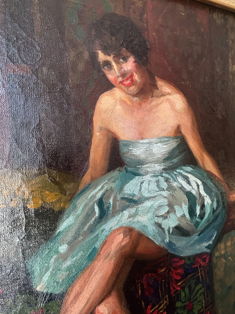 Dipinto Olio su Tela di Ritratto di Ballerina Scuola Napoletana Anni 40