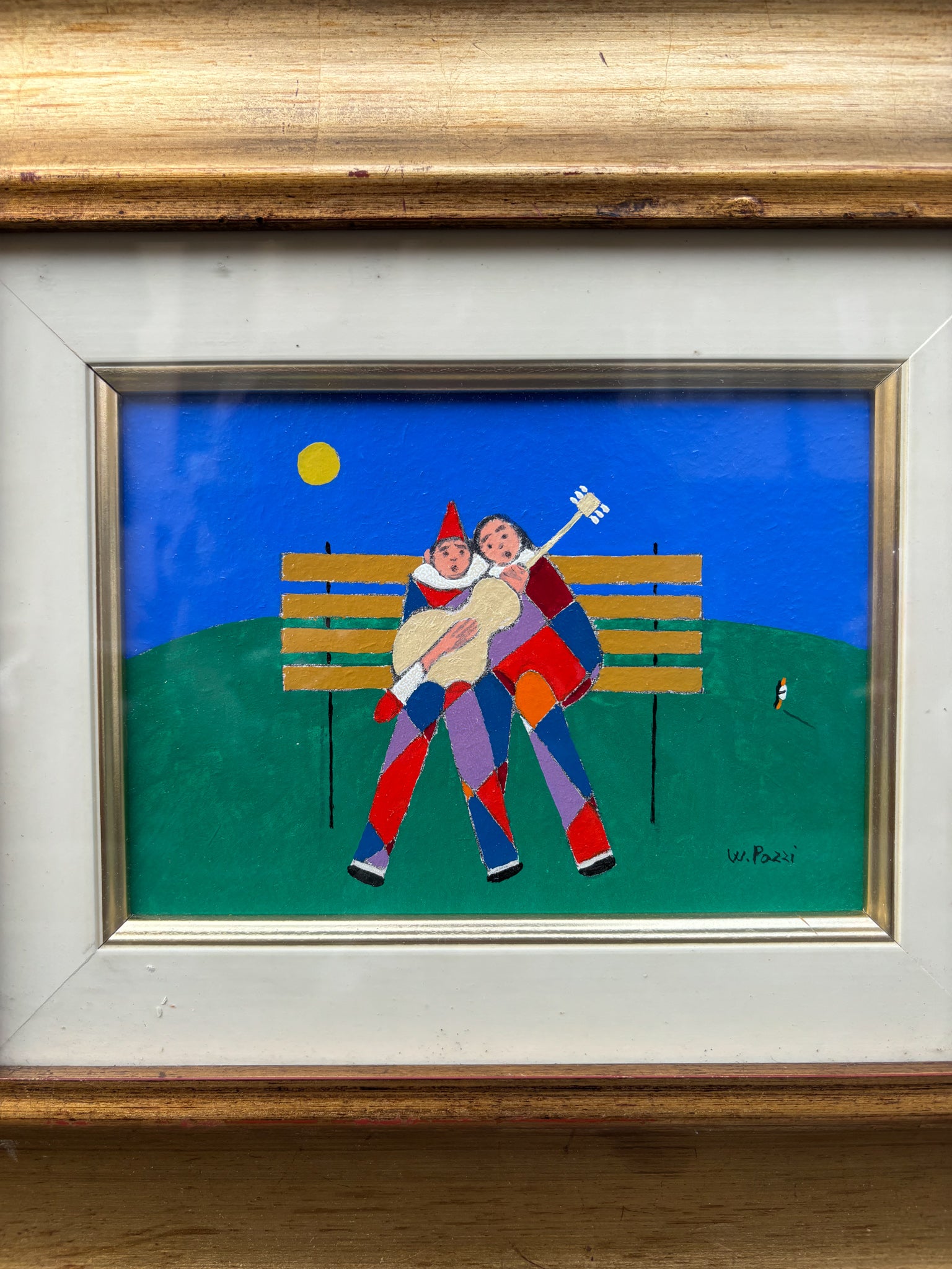 Oil on Panel Painting of Harlequin by Walter Pozzi, 1970s