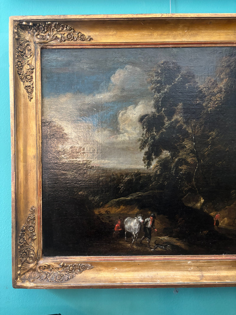 Dipinto Fiammingo Olio su Tela di Paesaggio con Figure del XVIII Secolo